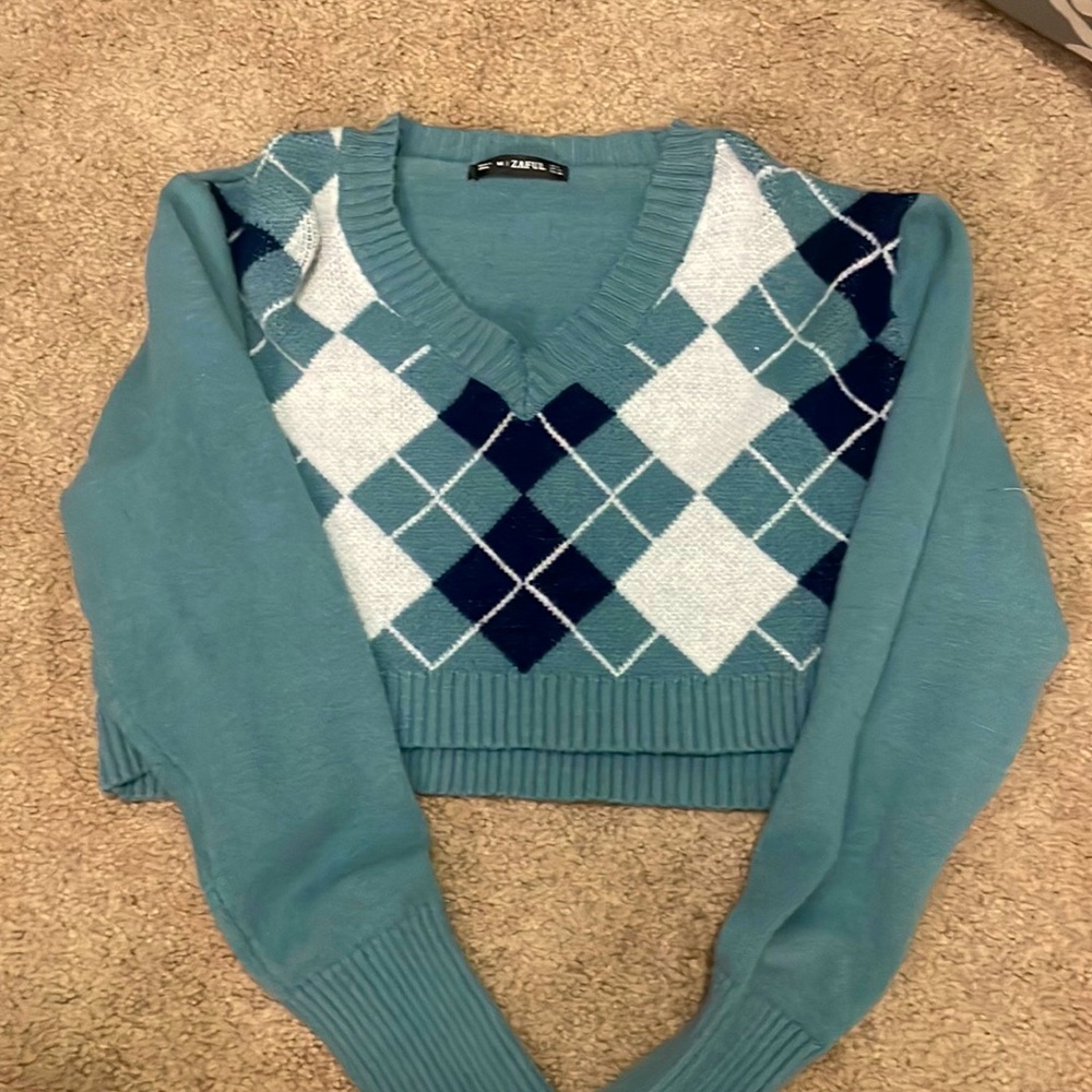 cropped teal argyle sweater